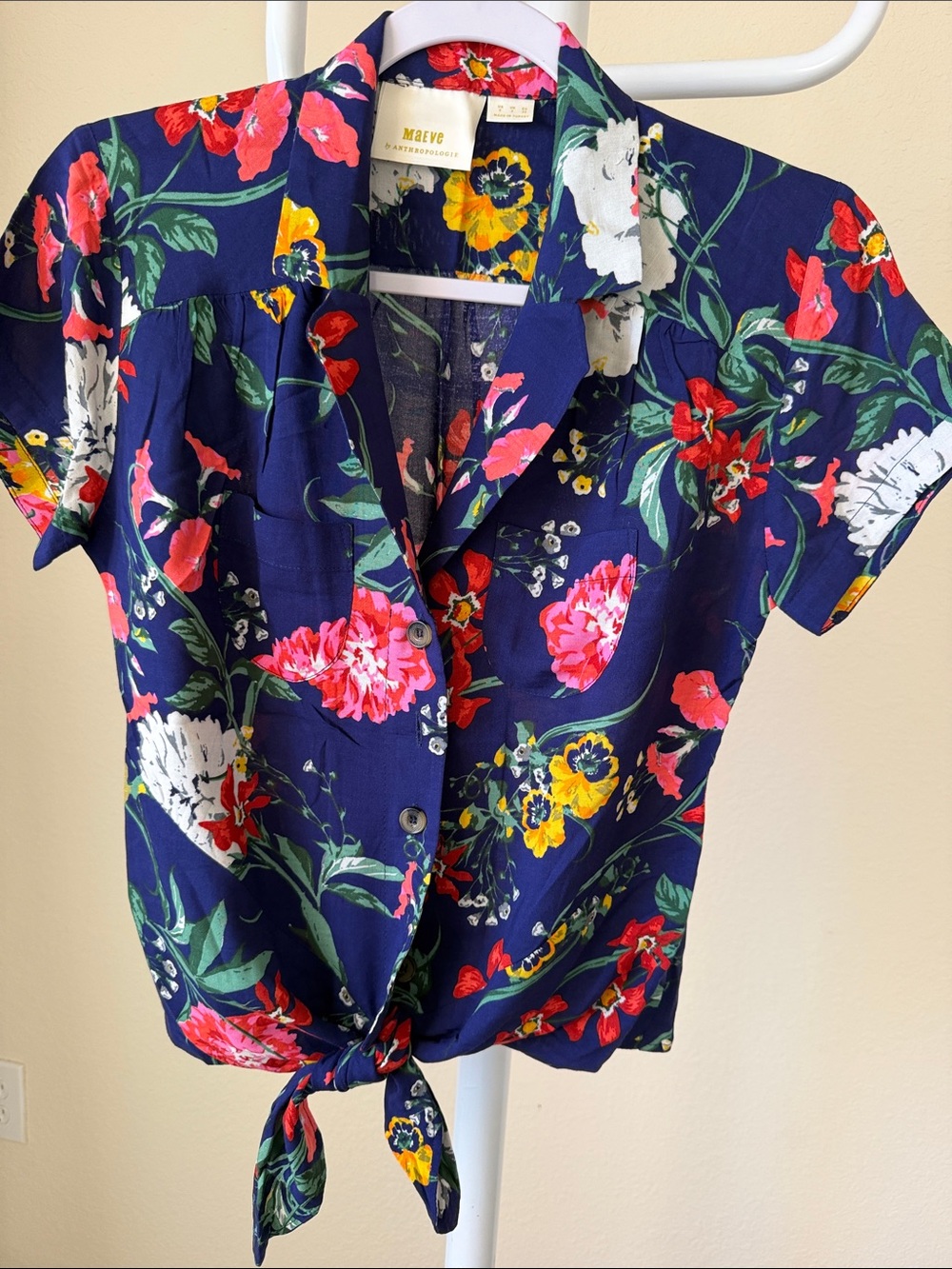 Maeve Navy Floral Blouse with Bright Multicolor Blooms